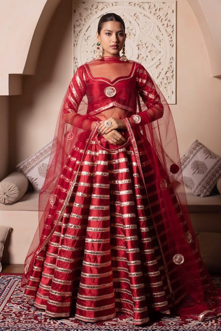 Pomcha Jaipur Red Gota Patti Lehenga Set 