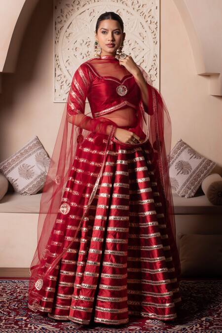 Shop_Pomcha Jaipur_Red Taffeta, Silk, Net Gota Patti, Tassels Sweetheart Neck Lehenga Set _Online_at_Aza_Fashions