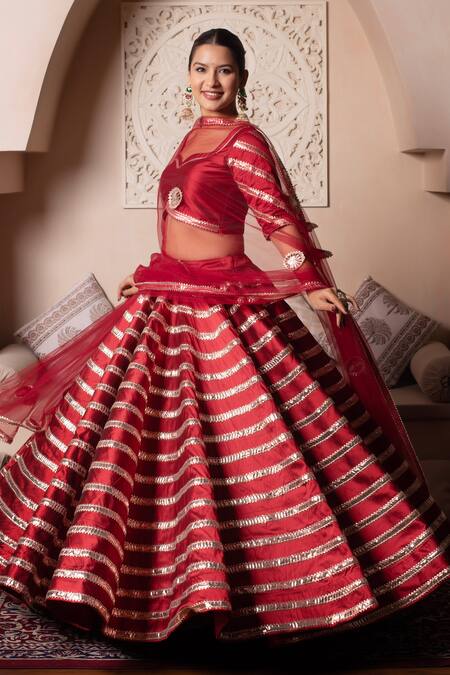 Pomcha Jaipur_Red Taffeta, Silk, Net Gota Patti, Tassels Sweetheart Neck Lehenga Set _at_Aza_Fashions