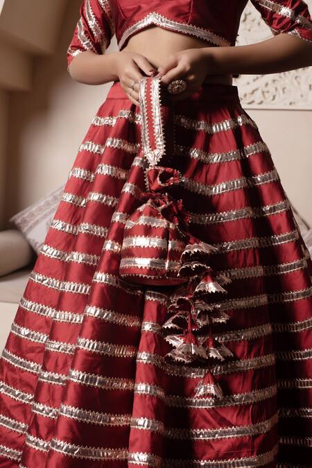 Buy_Pomcha Jaipur_Red Taffeta, Silk, Net Gota Patti, Tassels Sweetheart Neck Lehenga Set 