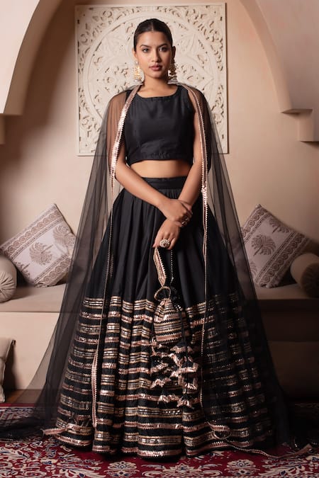 Pomcha Jaipur Black Gota Patti Lehenga Set 