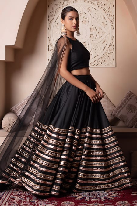 Shop_Pomcha Jaipur_Black Cotton, Silk, Net Gota Patti Round Neck Lehenga Set _Online_at_Aza_Fashions