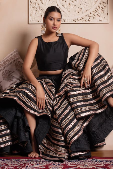 Pomcha Jaipur_Black Cotton, Silk, Net Gota Patti Round Neck Lehenga Set _at_Aza_Fashions