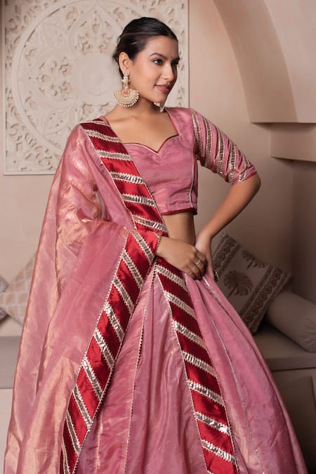 Shop_Pomcha Jaipur_Peach Silk Gota Patti Round Neck Lehenga Set _Online_at_Aza_Fashions