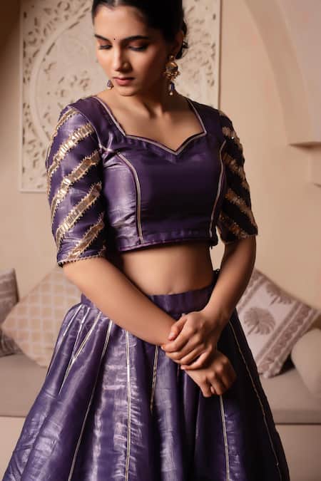 Pomcha Jaipur_Purple Silk Gota Patti Round Neck Lehenga Set _Online_at_Aza_Fashions