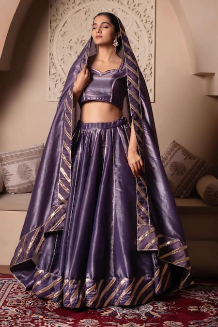 Pomcha Jaipur_Purple Silk Gota Patti Round Neck Lehenga Set _at_Aza_Fashions