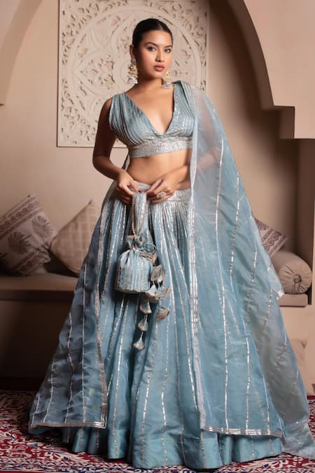 Pomcha Jaipur Powder Blue Gota Patti Lehenga Set 