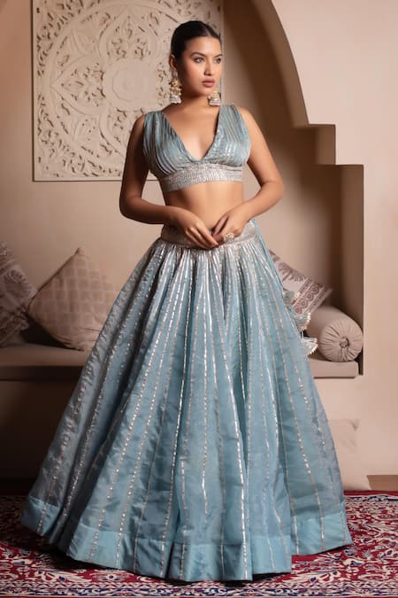 Buy_Pomcha Jaipur_Blue Silk Gota Patti V-neck Powder Lehenga Set _Online_at_Aza_Fashions