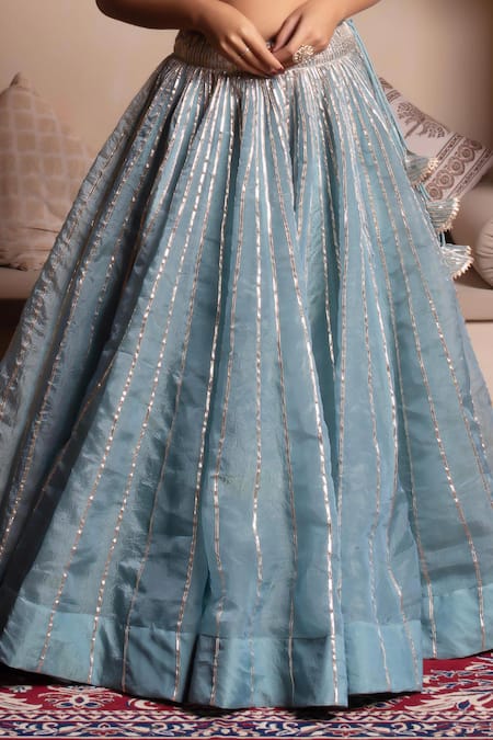 Shop_Pomcha Jaipur_Blue Silk Gota Patti V-neck Powder Lehenga Set _Online_at_Aza_Fashions