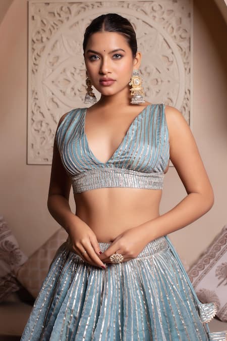 Pomcha Jaipur_Blue Silk Gota Patti V-neck Powder Lehenga Set _at_Aza_Fashions