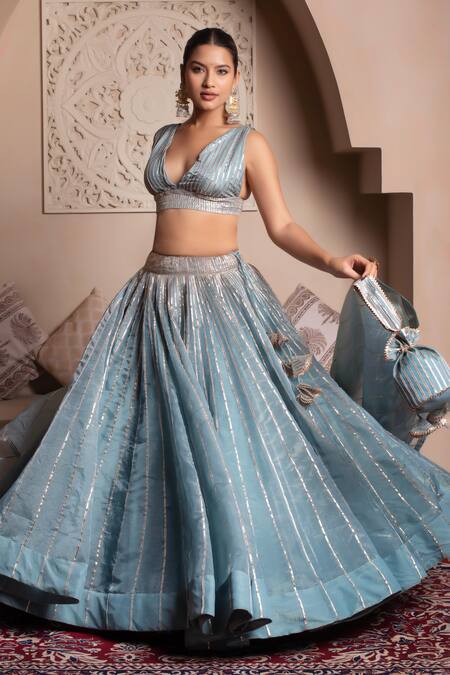 Buy_Pomcha Jaipur_Blue Silk Gota Patti V-neck Powder Lehenga Set 