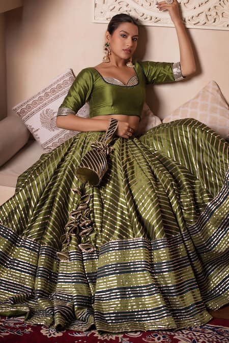 Buy_Pomcha Jaipur_Green Cotton, Silk, Net Gota Patti Round Neck Lehenga Set _Online_at_Aza_Fashions