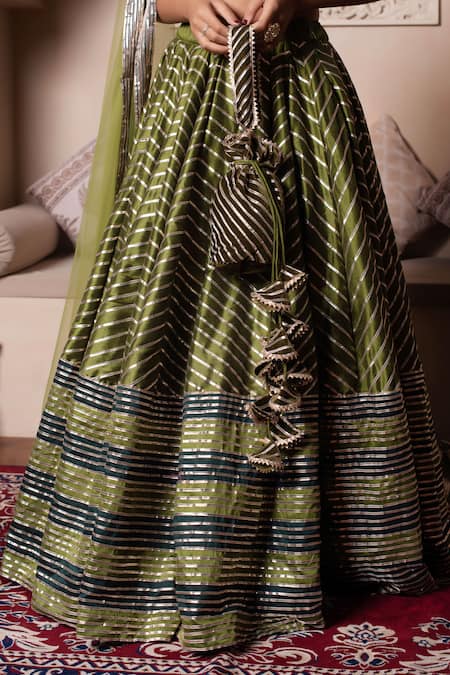 Shop_Pomcha Jaipur_Green Cotton, Silk, Net Gota Patti Round Neck Lehenga Set _Online_at_Aza_Fashions