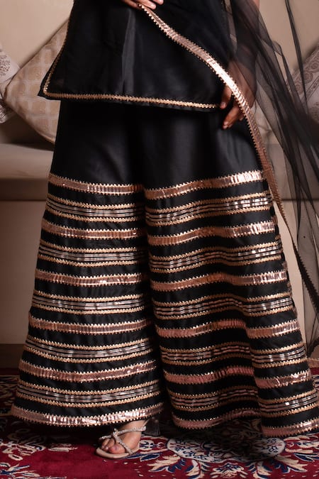 Pomcha Jaipur Black Cotton, Silk, Net Gota Patti Round Neck Kurta Sharara Set Online at Aza Fashions Pomcha Jaipur_Black Cotton, Silk, Net Gota Patti Round Neck Kurta Sharara Set _Online_at_Aza_Fashions