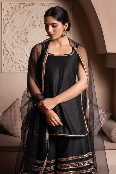 Buy Pomcha Jaipur Black Cotton, Silk, Net Gota Patti Round Neck Kurta Sharara Set Online at Aza Fashions Buy_Pomcha Jaipur_Black Cotton, Silk, Net Gota Patti Round Neck Kurta Sharara Set _Online_at_Aza_Fashions