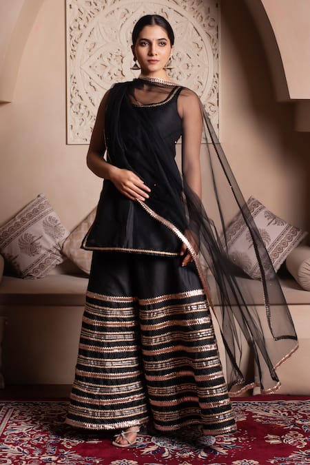 Shop Pomcha Jaipur Black Cotton, Silk, Net Gota Patti Round Neck Kurta Sharara Set Online at Aza Fashions Shop_Pomcha Jaipur_Black Cotton, Silk, Net Gota Patti Round Neck Kurta Sharara Set _Online_at_Aza_Fashions