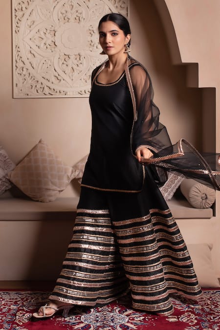 Pomcha Jaipur Black Cotton, Silk, Net Gota Patti Round Neck Kurta Sharara Set at Aza Fashions Pomcha Jaipur_Black Cotton, Silk, Net Gota Patti Round Neck Kurta Sharara Set _at_Aza_Fashions