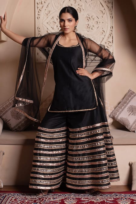 Pomcha Jaipur Black Gota Patti Kurta Sharara Set 