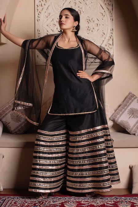 Buy Pomcha Jaipur Black Cotton, Silk, Net Gota Patti Round Neck Kurta Sharara Set Buy_Pomcha Jaipur_Black Cotton, Silk, Net Gota Patti Round Neck Kurta Sharara Set