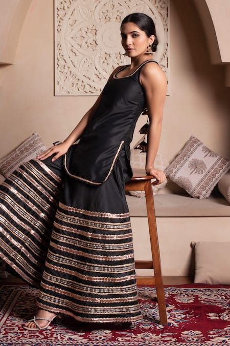 Shop Pomcha Jaipur Black Cotton, Silk, Net Gota Patti Round Neck Kurta Sharara Set Shop_Pomcha Jaipur_Black Cotton, Silk, Net Gota Patti Round Neck Kurta Sharara Set