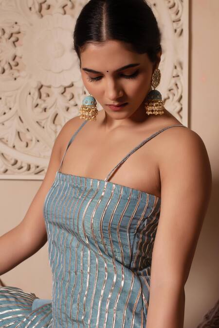 Pomcha Jaipur Blue Silk Gota Patti Open Neck Powder Kurta Set Online at Aza Fashions Pomcha Jaipur_Blue Silk Gota Patti Open Neck Powder Kurta Set _Online_at_Aza_Fashions