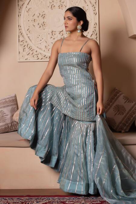 Shop Pomcha Jaipur Blue Silk Gota Patti Open Neck Powder Kurta Set Online at Aza Fashions Shop_Pomcha Jaipur_Blue Silk Gota Patti Open Neck Powder Kurta Set _Online_at_Aza_Fashions