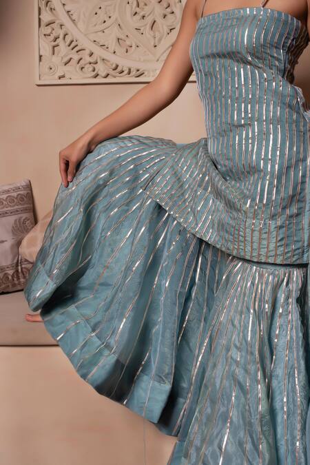 Buy Pomcha Jaipur Blue Silk Gota Patti Open Neck Powder Kurta Set Buy_Pomcha Jaipur_Blue Silk Gota Patti Open Neck Powder Kurta Set