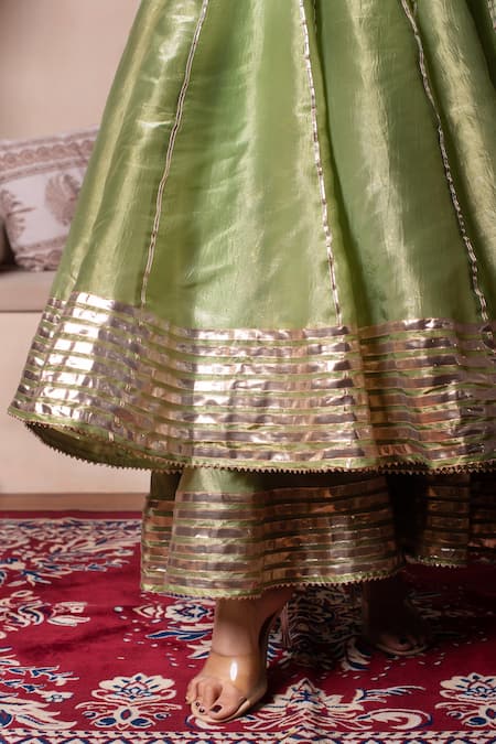 Pomcha Jaipur_Green Silk Gota Patti Round Neck Anarkali Kurta Set _Online_at_Aza_Fashions