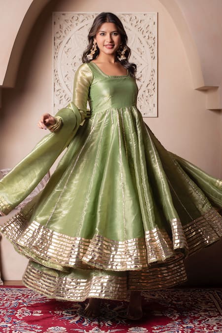 Pomcha Jaipur Green Gota Patti Anarkali Kurta Set 