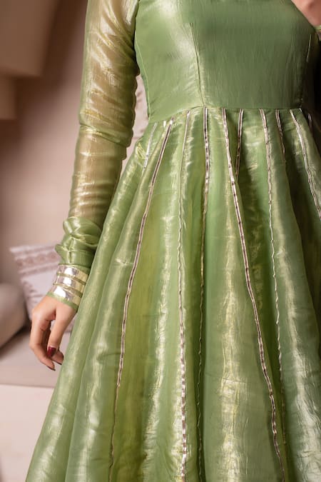 Shop_Pomcha Jaipur_Green Silk Gota Patti Round Neck Anarkali Kurta Set _Online_at_Aza_Fashions