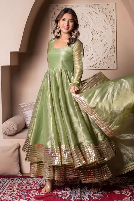 Pomcha Jaipur_Green Silk Gota Patti Round Neck Anarkali Kurta Set _at_Aza_Fashions