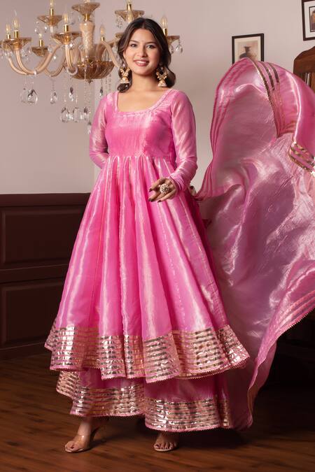 Shop_Pomcha Jaipur_Pink Silk Zari Round Neck Cosmos Anarkali Set _Online_at_Aza_Fashions