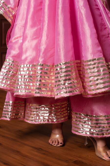 Pomcha Jaipur_Pink Silk Zari Round Neck Cosmos Anarkali Set _at_Aza_Fashions
