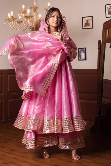 Buy_Pomcha Jaipur_Pink Silk Zari Round Neck Cosmos Anarkali Set 