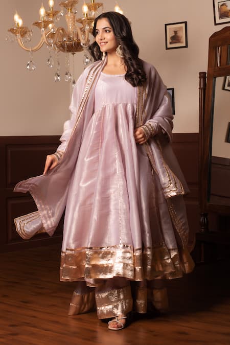 Pomcha Jaipur_Pink Silk Gota Patti Round Neck Anarkali Set _Online_at_Aza_Fashions