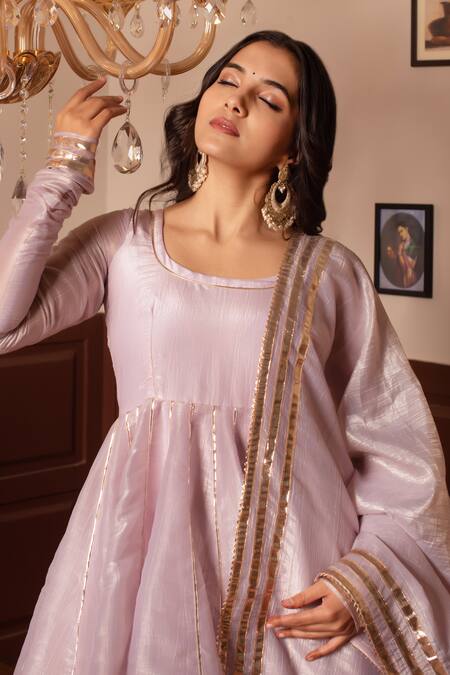Buy_Pomcha Jaipur_Pink Silk Gota Patti Round Neck Anarkali Set _Online_at_Aza_Fashions