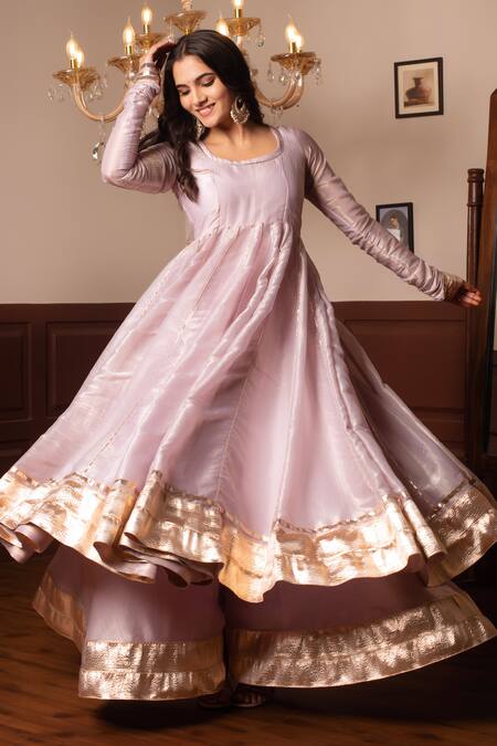Shop_Pomcha Jaipur_Pink Silk Gota Patti Round Neck Anarkali Set _Online_at_Aza_Fashions