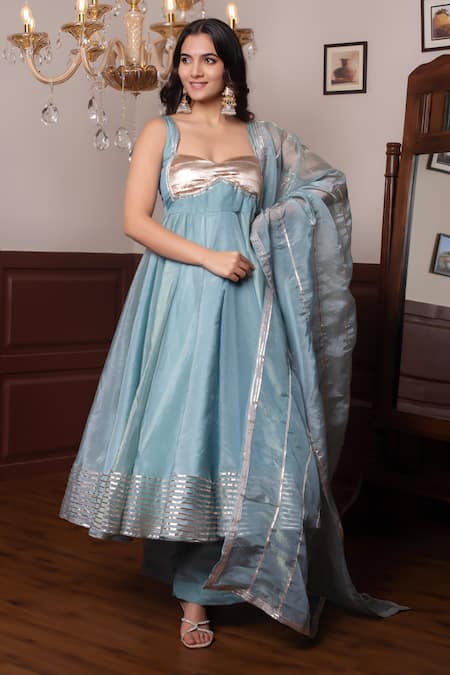 Pomcha Jaipur Powder Blue Gota Patti Anarkali Set