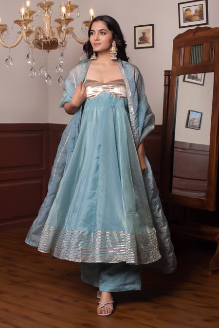 Pomcha Jaipur Blue Silk Gota Patti Round Neck Powder Anarkali Set Online at Aza Fashions Pomcha Jaipur_Blue Silk Gota Patti Round Neck Powder Anarkali Set _Online_at_Aza_Fashions