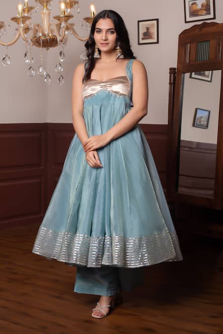 Buy Pomcha Jaipur Blue Silk Gota Patti Round Neck Powder Anarkali Set Online at Aza Fashions Buy_Pomcha Jaipur_Blue Silk Gota Patti Round Neck Powder Anarkali Set _Online_at_Aza_Fashions