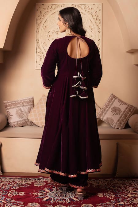 Pomcha Jaipur Burgundy Velvet Anarkali Set 