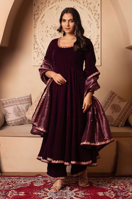 Pomcha Jaipur Burgundy Velvet Anarkali Set 
