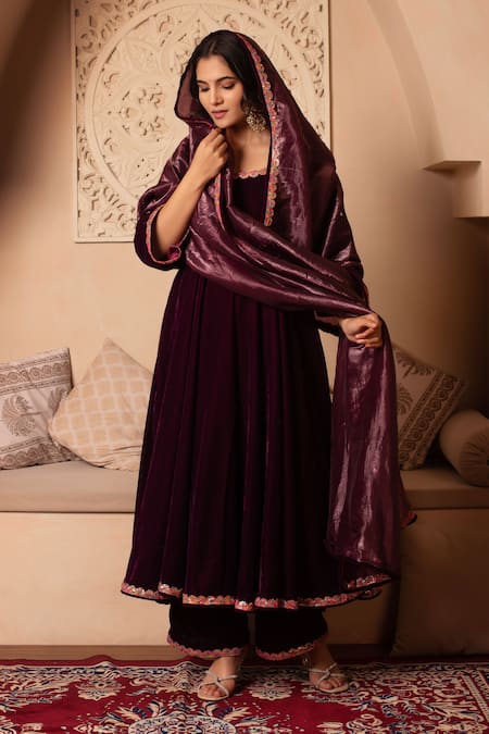 Shop_Pomcha Jaipur_Burgundy Velvet, Silk Gota Patti Round Neck Anarkali Set _Online_at_Aza_Fashions