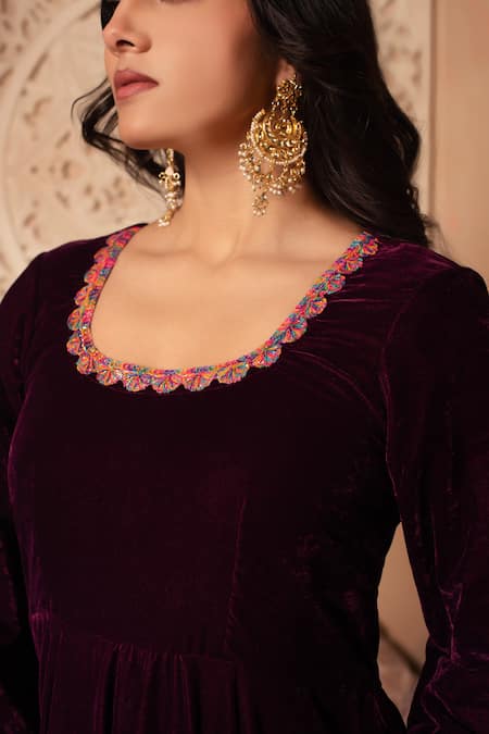 Pomcha Jaipur_Burgundy Velvet, Silk Gota Patti Round Neck Anarkali Set _at_Aza_Fashions
