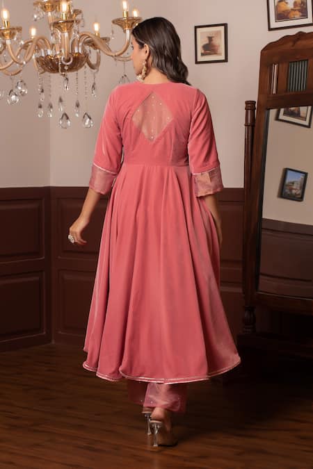 Pomcha Jaipur Peach Velvet Anarkali Set  