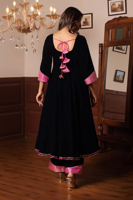 Pomcha Jaipur Royal Blue Velvet Anarkali Set