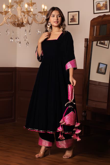 Pomcha Jaipur Blue Velvet, Net Tassels, Gota Patti Square Neck Royal Anarkali Set Online at Aza Fashions Pomcha Jaipur_Blue Velvet, Net Tassels, Gota Patti Square Neck Royal Anarkali Set _Online_at_Aza_Fashions