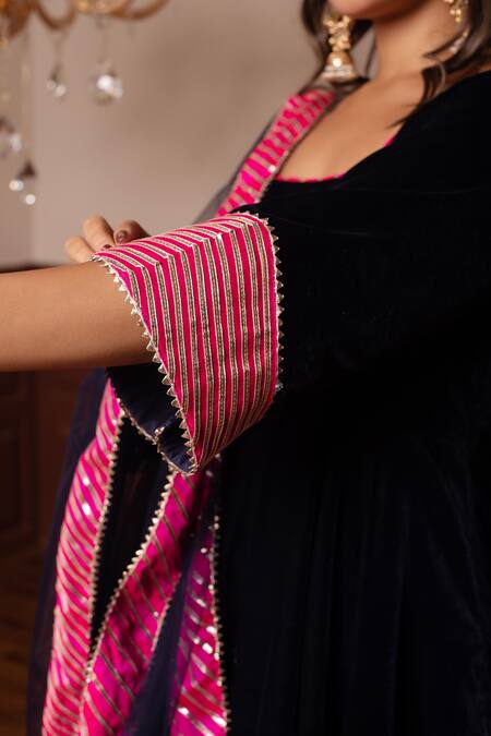 Shop Pomcha Jaipur Blue Velvet, Net Tassels, Gota Patti Square Neck Royal Anarkali Set Online at Aza Fashions Shop_Pomcha Jaipur_Blue Velvet, Net Tassels, Gota Patti Square Neck Royal Anarkali Set _Online_at_Aza_Fashions