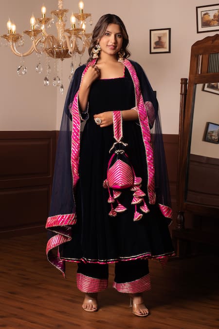 Pomcha Jaipur Royal Blue Velvet Anarkali Set