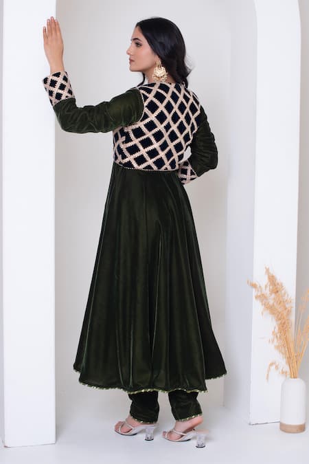 Pomcha Jaipur Green Velvet Gota Patti Anarkali Set 